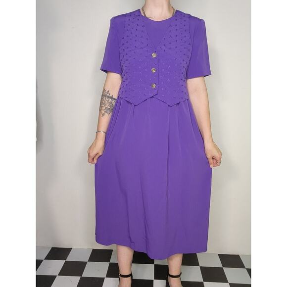 Vtg 80s 90s Leslie Fay NWT Purple Vest Button Up Coquette Tie in Back Dress - Picture 2 of 9